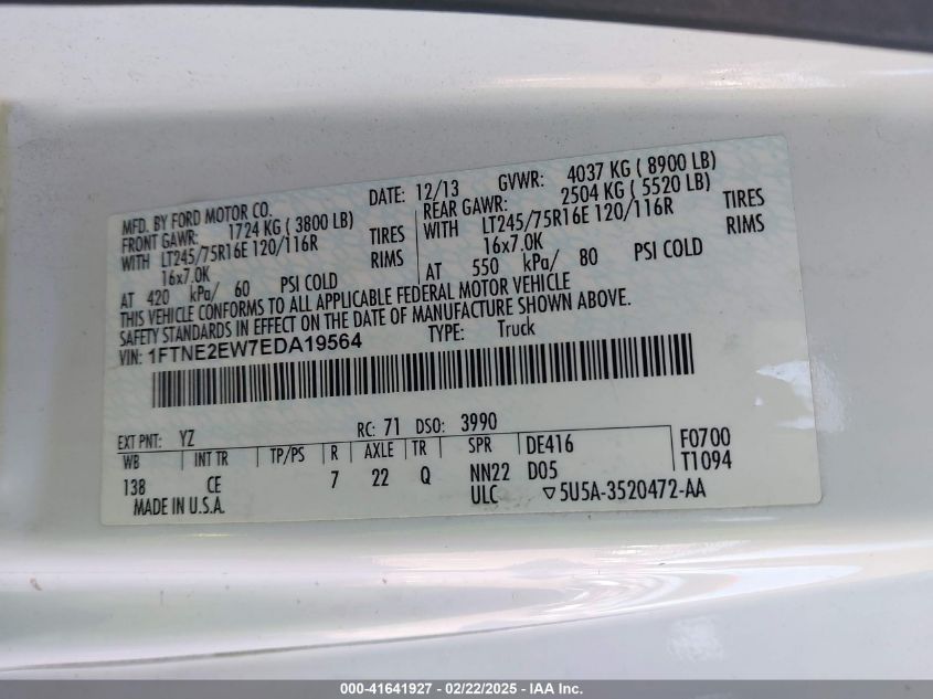 2014 Ford E-250 Commercial VIN: 1FTNE2EW7EDA19564 Lot: 41641927