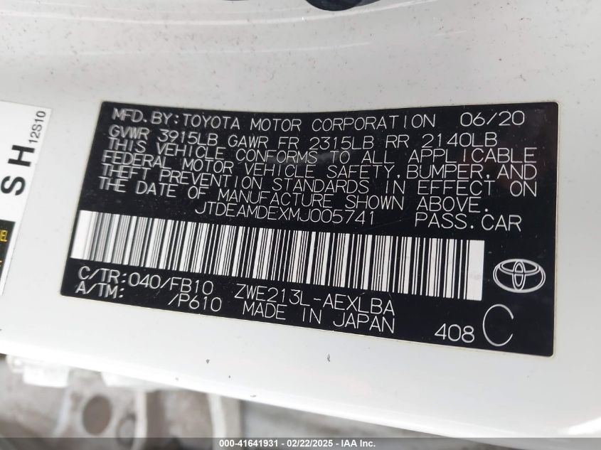 2021 Toyota Corolla Hybrid Le VIN: JTDEAMDEXMJ005741 Lot: 41641931