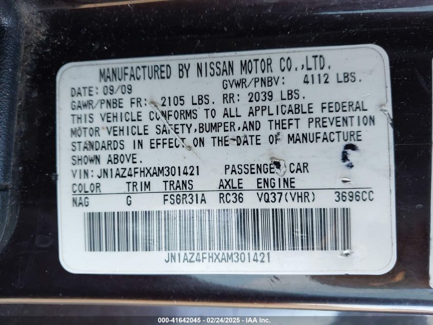 2010 Nissan 370Z VIN: JN1AZ4FHXAM301421 Lot: 41642045