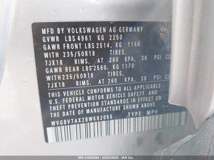 2011 VOLKSWAGEN TIGUAN VIN: WVGBV7AX2BW562055