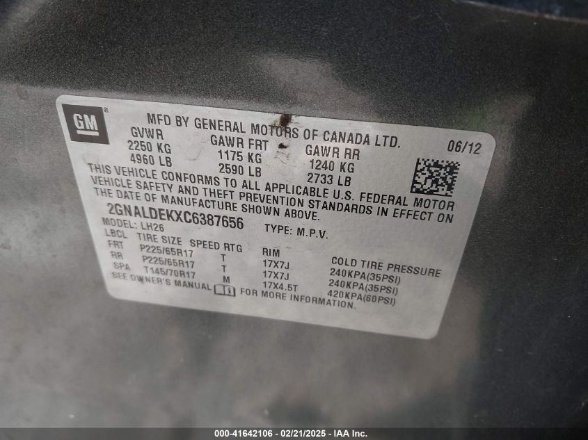 2012 Chevrolet Equinox 1Lt VIN: 2GNALDEKXC6387656 Lot: 41642106