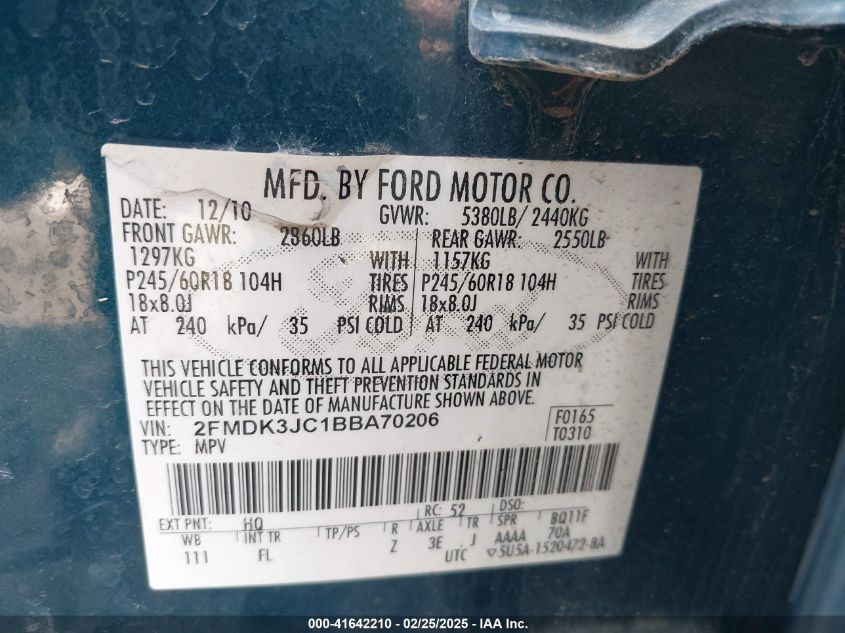 2011 Ford Edge Sel VIN: 2FMDK3JC1BBA70206 Lot: 41642210