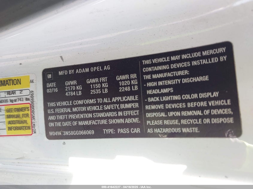 2016 Buick Cascada Premium VIN: W04WT3N58GG066069 Lot: 41642227