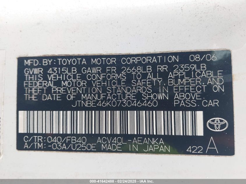 2007 Toyota Camry Le VIN: JTNBE46K073046460 Lot: 41642488
