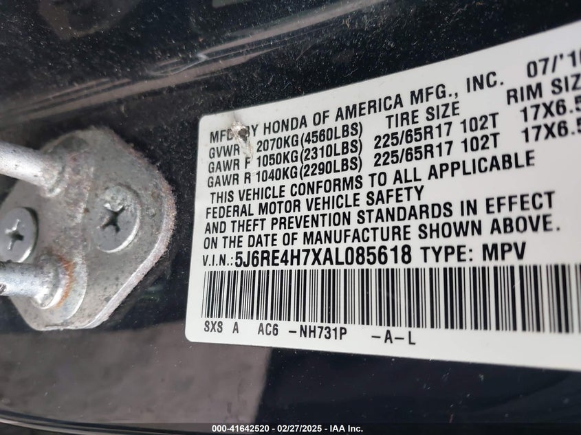 2010 HONDA CR-V VIN: 5J6RE4H7XAL085618