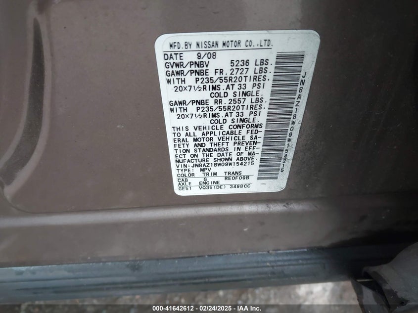 2009 Nissan Murano Le VIN: JN8AZ18W09W154215 Lot: 41642612