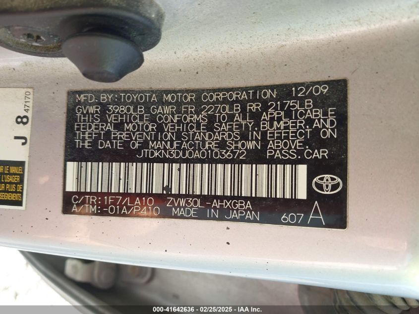 2010 Toyota Prius VIN: JTDKN3DU0A0103672 Lot: 41642636