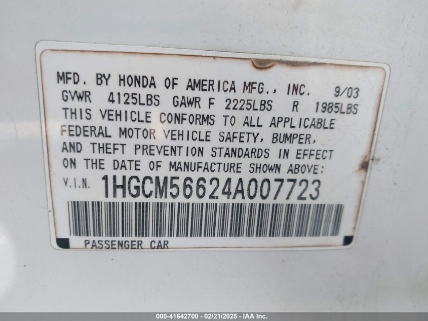 2004 Honda Accord 2.4 Ex VIN: 1HGCM56624A007723 Lot: 41642700