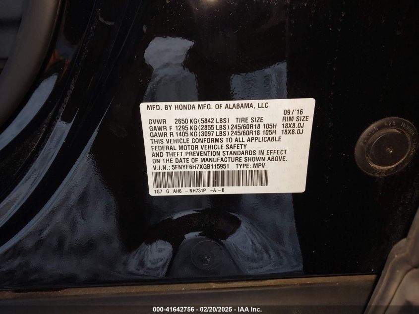 2016 Honda Pilot Ex-L VIN: 5FNYF6H7XGB115951 Lot: 41642756