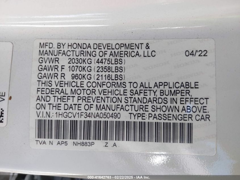 2022 Honda Accord Sport VIN: 1HGCV1F34NA050490 Lot: 41642763