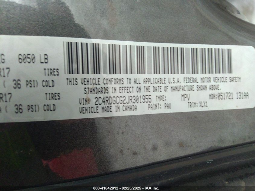 2018 Dodge Grand Caravan Sxt VIN: 2C4RDGCG2JR301955 Lot: 41642812