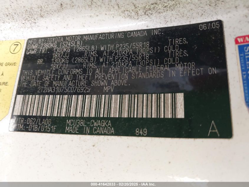 2005 Lexus Rx 330 VIN: 2T2HA31U75C076925 Lot: 41642833