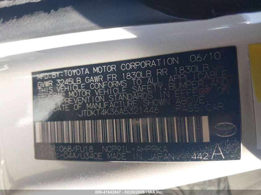2010 TOYOTA YARIS VIN: JTDKT4K36A5321446
