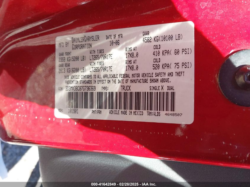 2007 Dodge Ram 3500 Laramie VIN: 3D3MX38C87G736369 Lot: 41642849