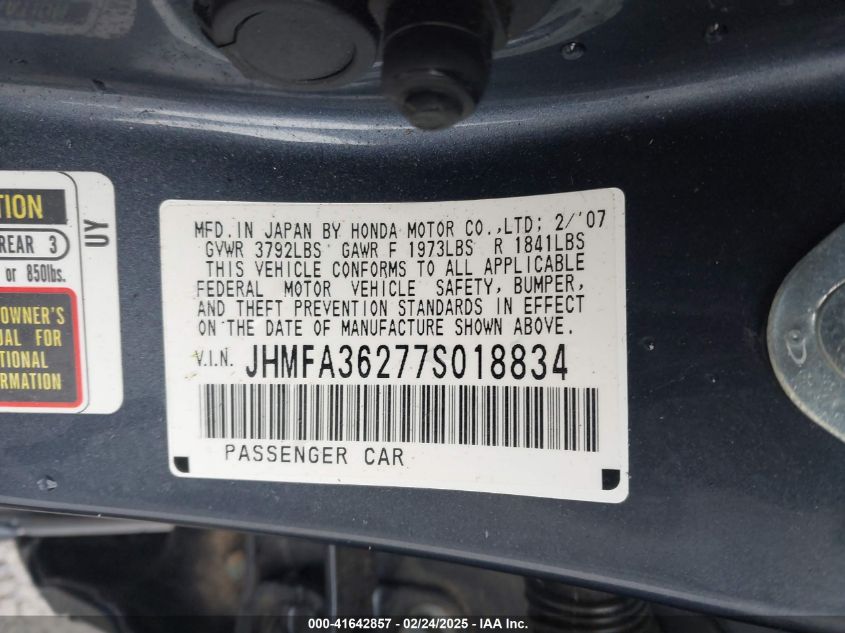 2007 Honda Civic Hybrid VIN: JHMFA36277S018834 Lot: 41642857