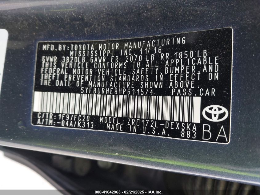 2017 Toyota Corolla Se VIN: 5YFBURHE8HP611574 Lot: 41642963