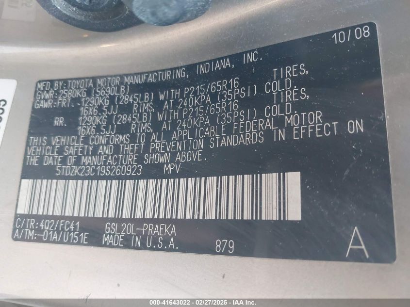 2009 Toyota Sienna Le VIN: 5TDZK23C19S260923 Lot: 41643022