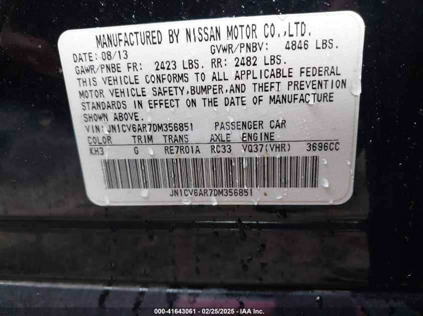 2013 Infiniti G37X VIN: JN1CV6AR7DM356851 Lot: 41643061