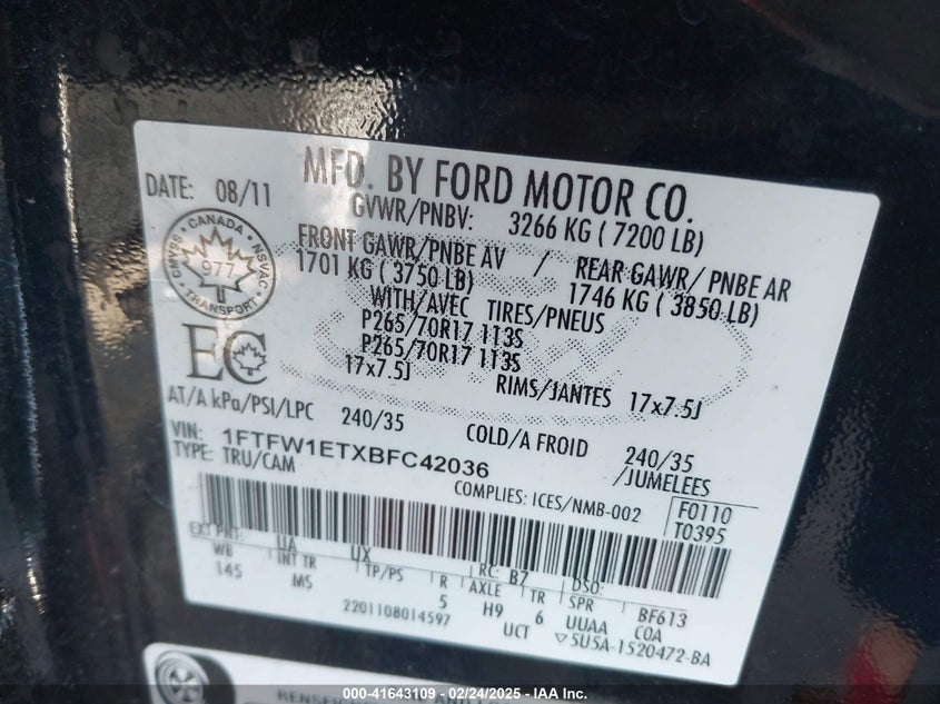 2011 FORD F-150 VIN: 1FTFW1ETXBFC42036