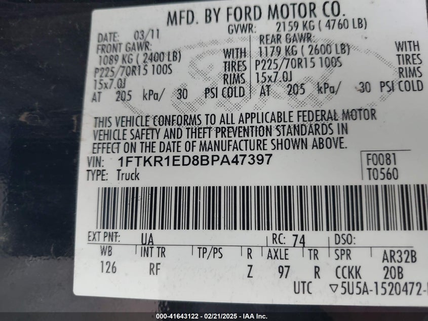 2011 FORD RANGER VIN: 1FTKR1ED8BPA47397