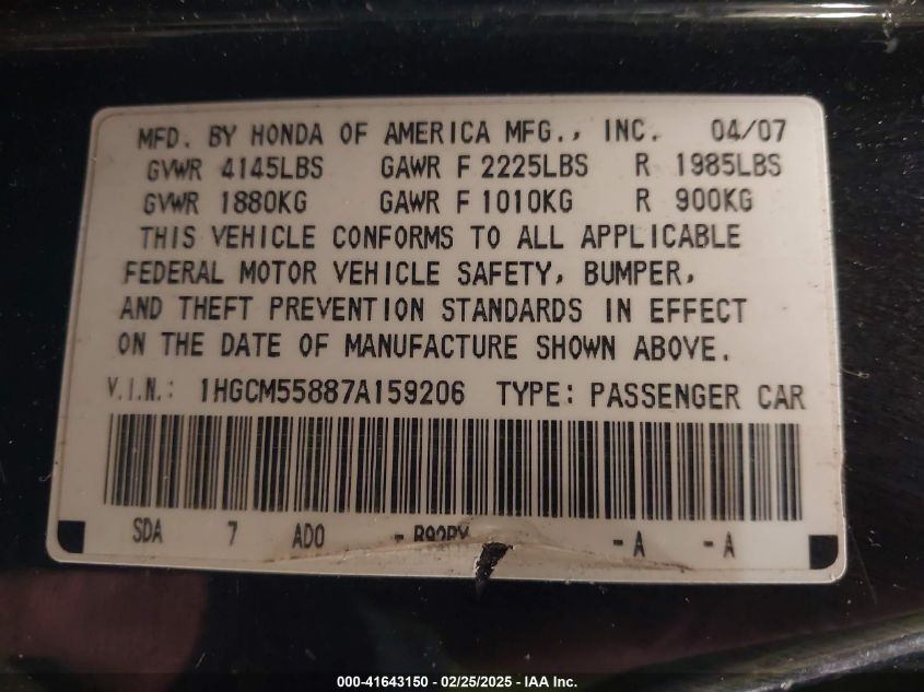 2007 Honda Accord 2.4 Ex VIN: 1HGCM55887A159206 Lot: 41643150