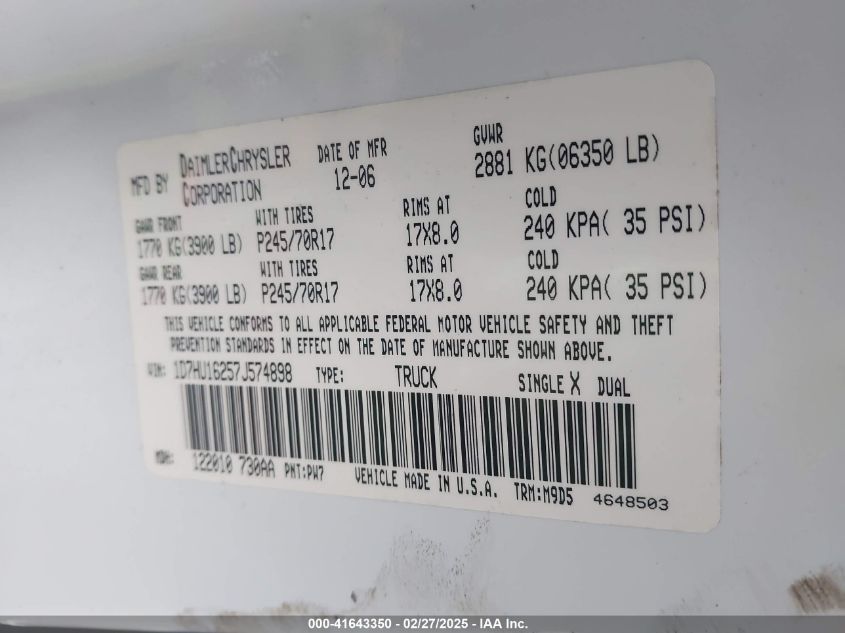 2007 Dodge Ram 1500 Slt/Trx4 Off Road/Sport VIN: 1D7HU16257J574898 Lot: 41643350