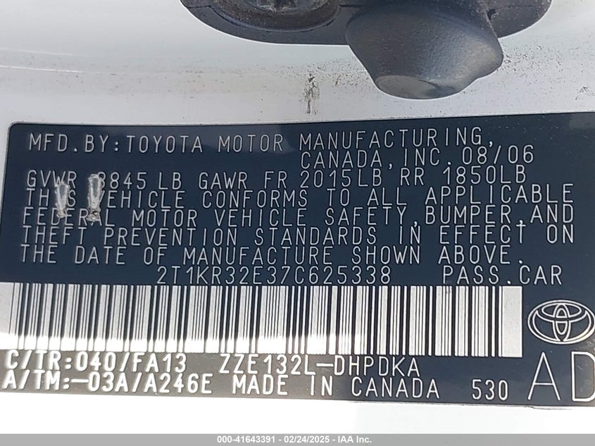 2007 TOYOTA COROLLA MATRIX VIN: 2T1KR32E37C625338