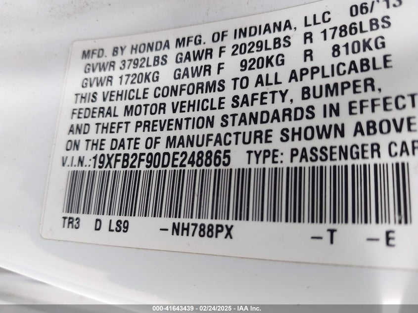 2013 HONDA CIVIC VIN: 19XFB2F90DE248865