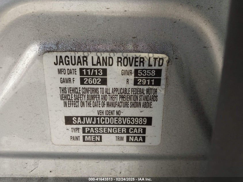 2014 JAGUAR XJ VIN: SAJWJ1CD0E8V63989