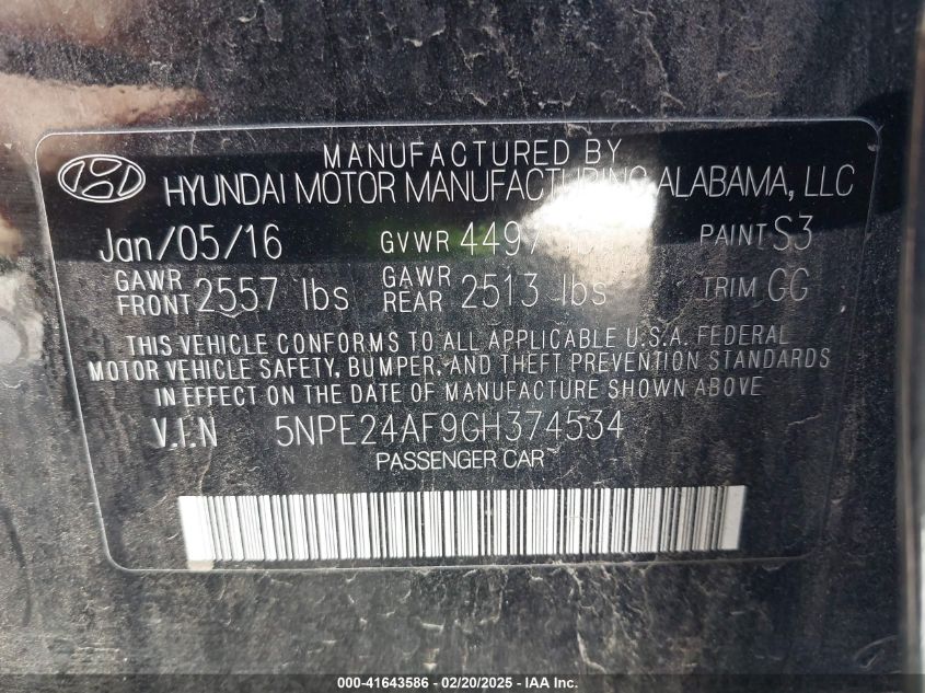 2016 Hyundai Sonata Se VIN: 5NPE24AF9GH374534 Lot: 41643586