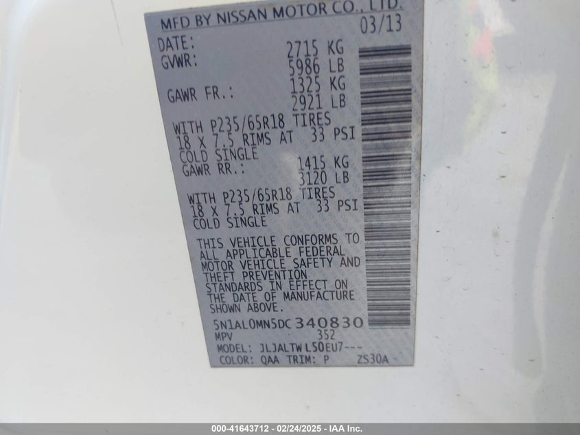 2013 INFINITI JX35 - 5N1AL0MN5DC340830