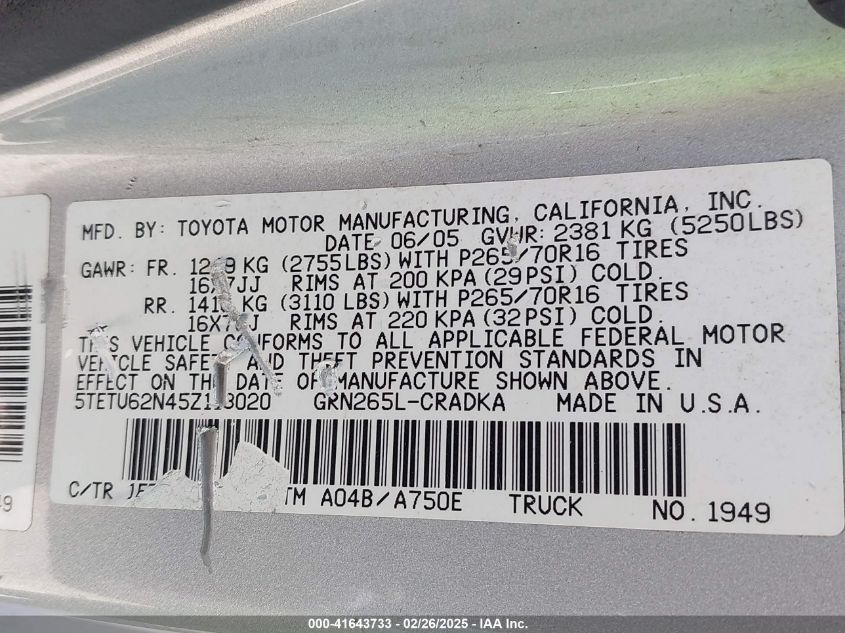 2005 Toyota Tacoma Prerunner V6 VIN: 5TETU62N45Z113020 Lot: 41643733
