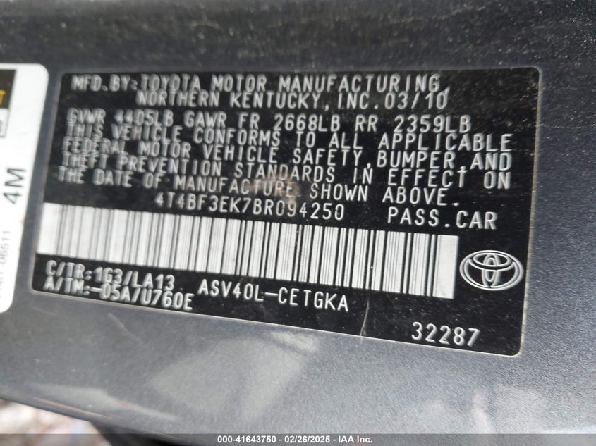 2011 TOYOTA CAMRY VIN: 4T4BF3EK7BR094250