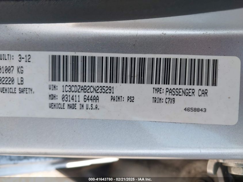 2012 Dodge Avenger Se VIN: 1C3CDZAB2CN235291 Lot: 41643780