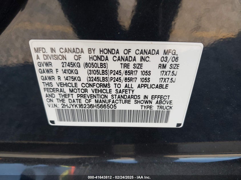 2006 HONDA RIDGELINE VIN: 2HJYK16236H566505
