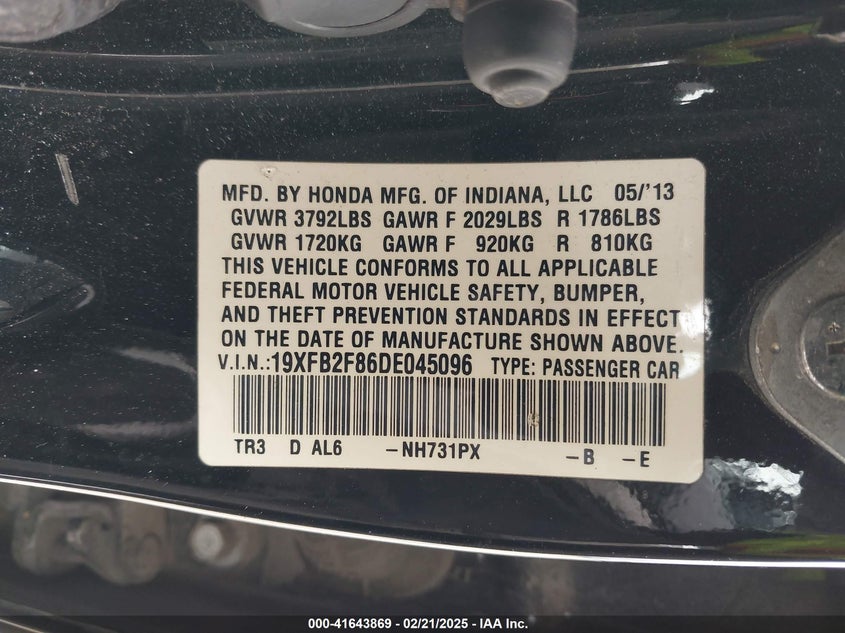 2013 HONDA CIVIC VIN: 19XFB2F86DE045096