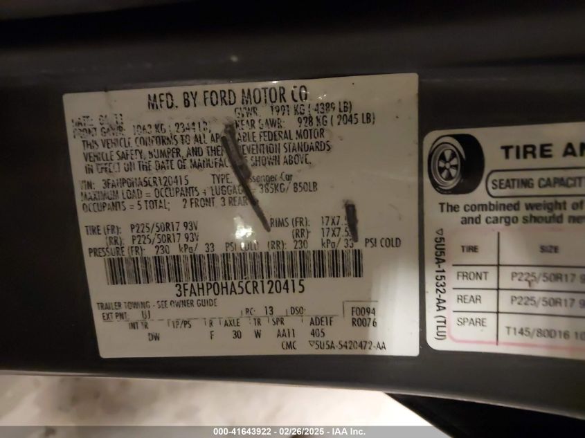 2012 Ford Fusion Se VIN: 3FAHP0HA5CR120415 Lot: 41643922