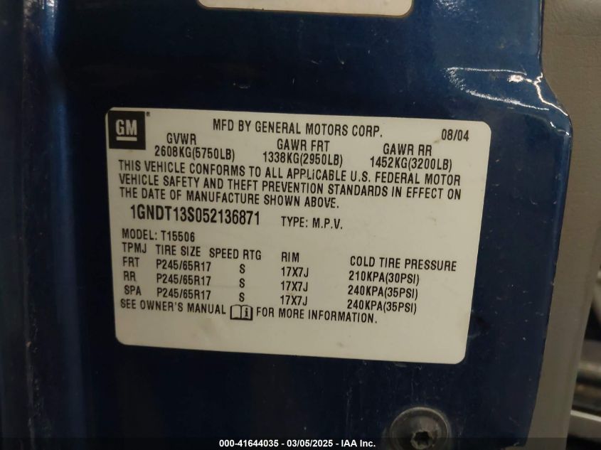 2005 Chevrolet Trailblazer Lt VIN: 1GNDT13S052136871 Lot: 41644035