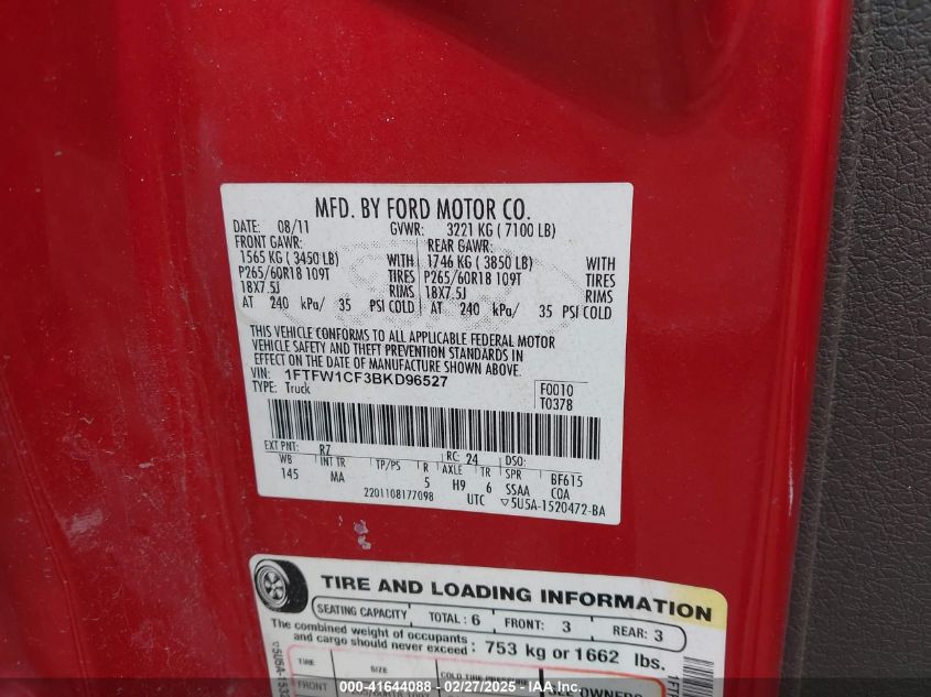 2011 Ford F-150 Xlt VIN: 1FTFW1CF3BKD96527 Lot: 41644088