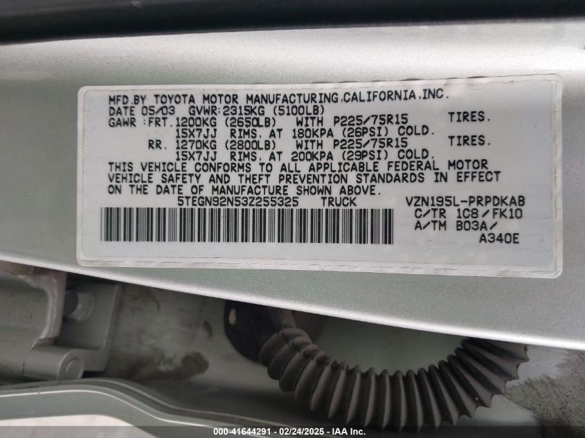 2003 Toyota Tacoma Prerunner V6 VIN: 5TEGN92N53Z255325 Lot: 41644291
