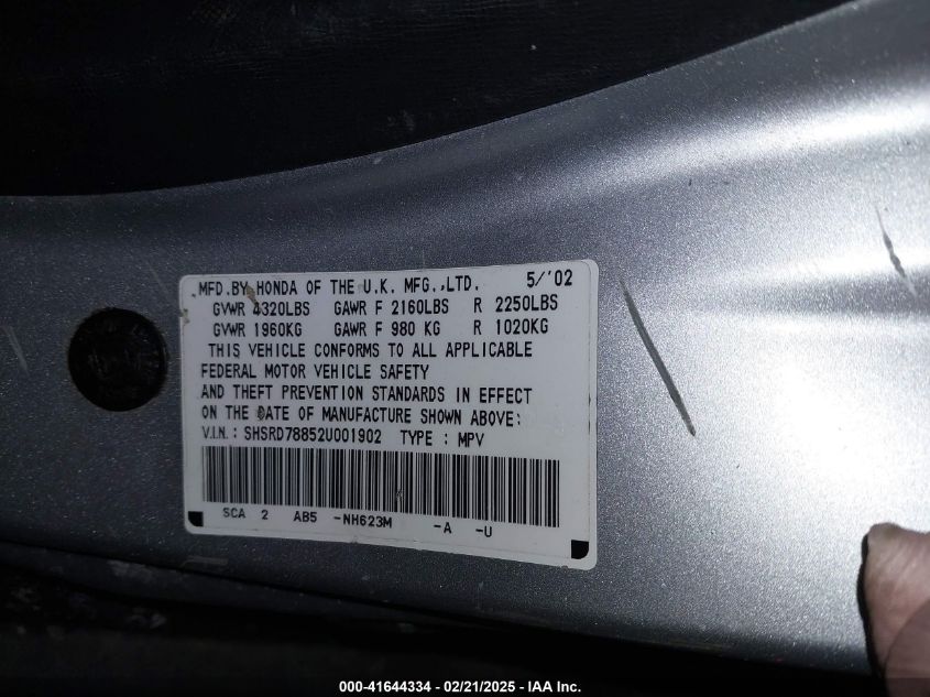 2002 Honda Cr-V Ex VIN: SHSRD78852U001902 Lot: 41644334