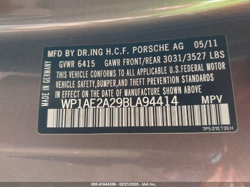 2011 Porsche Cayenne S Hybrid VIN: WP1AE2A29BLA94441 Lot: 41644386