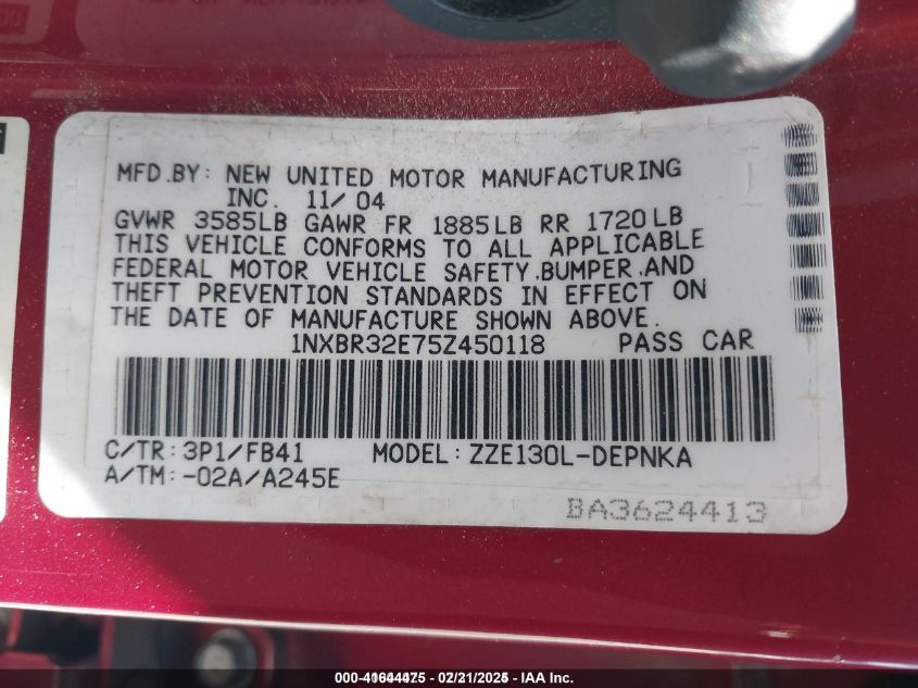 2005 Toyota Corolla Le VIN: 1NXBR32E75Z450118 Lot: 41644475