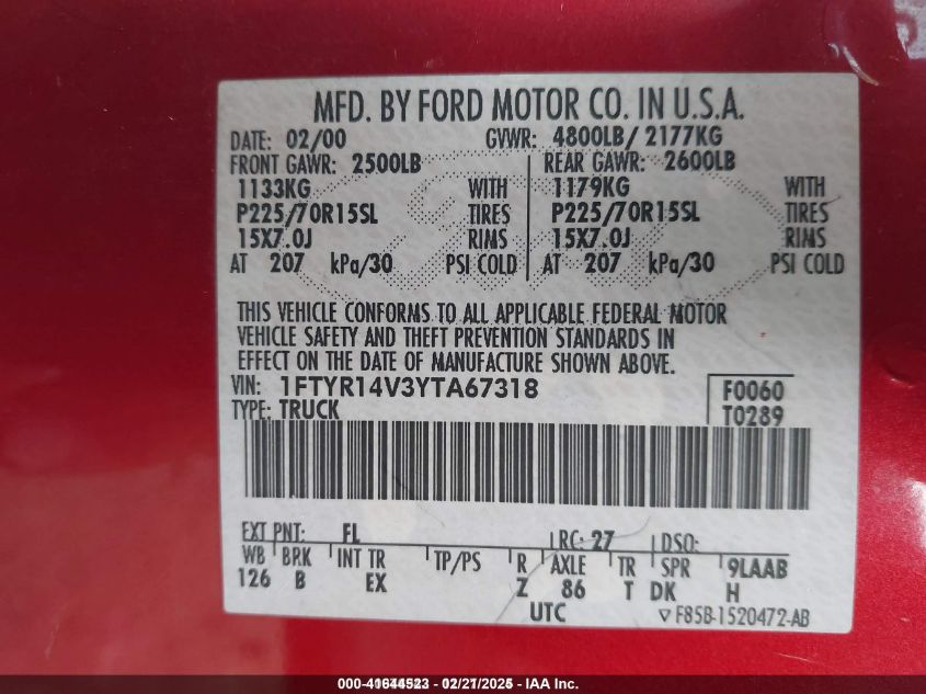 2000 Ford Ranger Xl/Xlt VIN: 1FTYR14V3YTA67318 Lot: 41644523