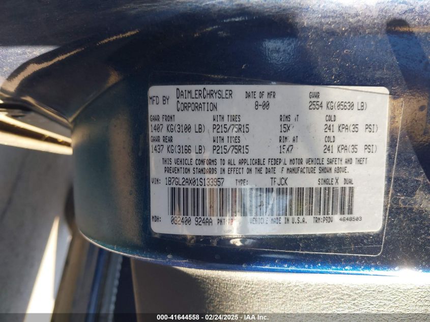 2001 Dodge Dakota Slt/Sport VIN: 1B7GL2AX01S133957 Lot: 41644558