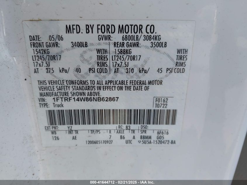 2006 Ford F-150 Stx/Xl/Xlt VIN: 1FTRF14W86NB62867 Lot: 41644712