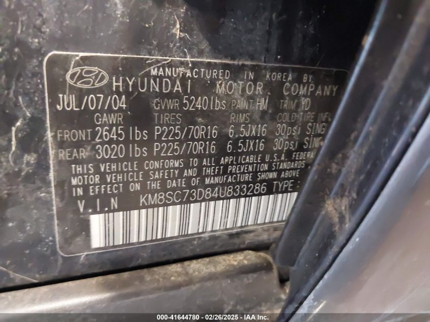 2004 Hyundai Santa Fe Gls VIN: KM8SC73D84U833286 Lot: 41644780