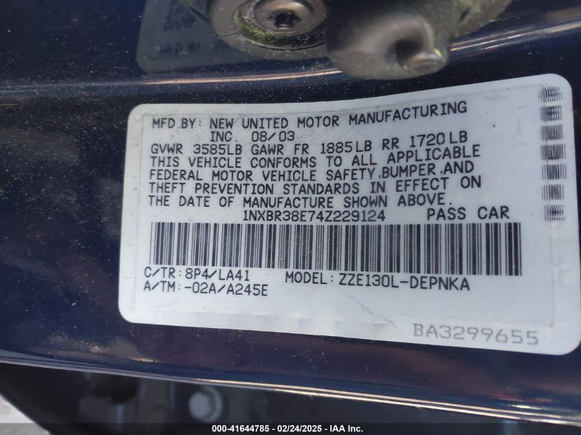 2004 Toyota Corolla Le VIN: 1NXBR38E74Z229124 Lot: 41644785