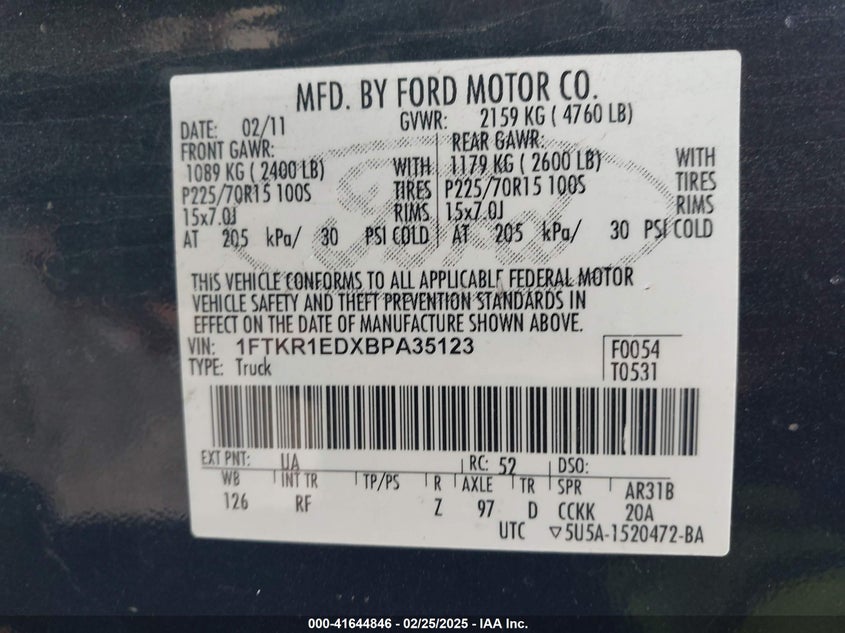 2011 FORD RANGER VIN: 1FTKR1EDXBPA35123