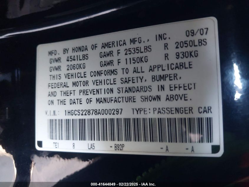 2008 Honda Accord 3.5 Ex-L VIN: 1HGCS22878A00029 Lot: 41644849